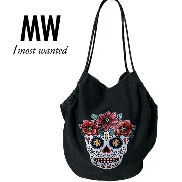 Most Wanted MW Canvas Floral‎ Skull Shoulder Bag - Picture 1 of 3